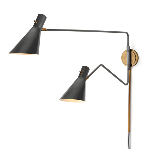 Black wall fixture with two separate arms and shades